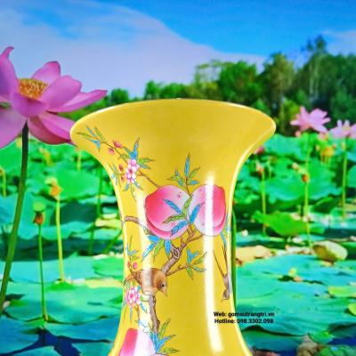bình men vàng, bình hoạ tiết chim trĩ đào trường thọ, bình hoa trung quốc